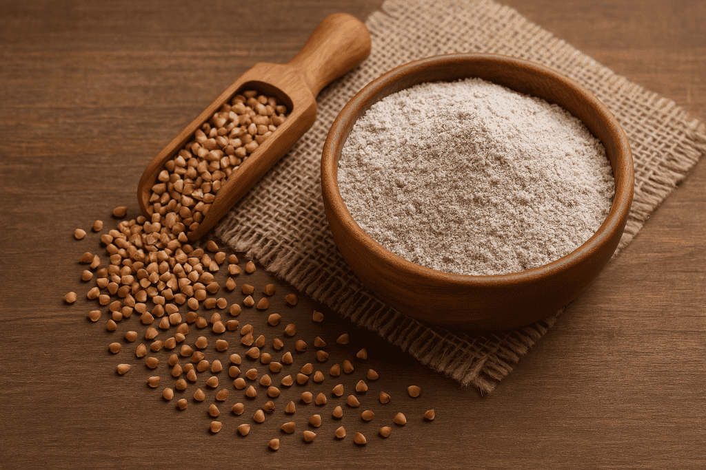 hotographie d’un bol de farine de sarrasin entouré de grains de sarrasin crus, illustrant les bienfaits anti-inflammatoires de cet aliment naturel.