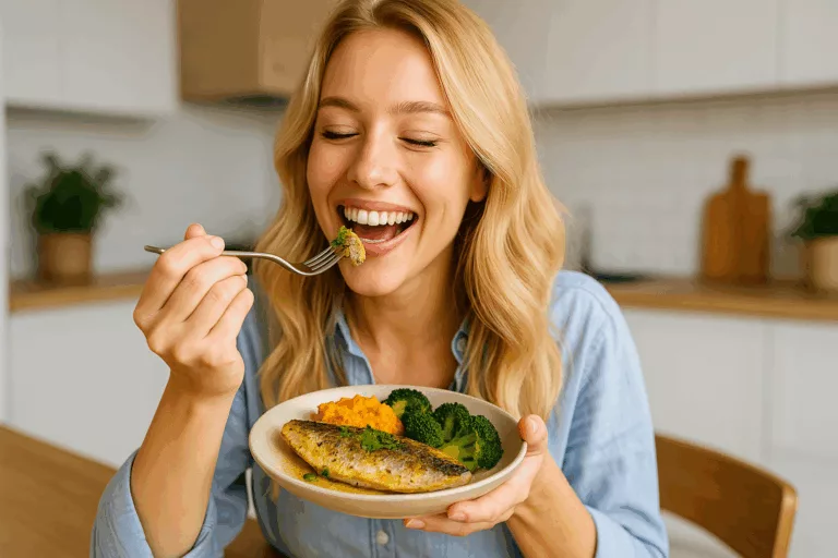 eune femme blonde rayonnante dégustant avec bonheur un plat de hareng au four